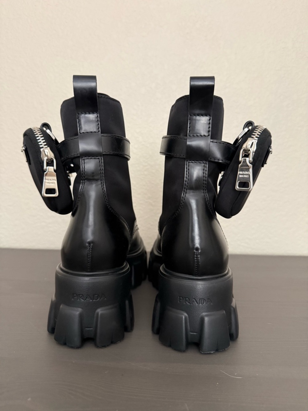 Prada Black Lug-Sole Combat Boots with Detachable Mini Pouch - Picture 9 of 10